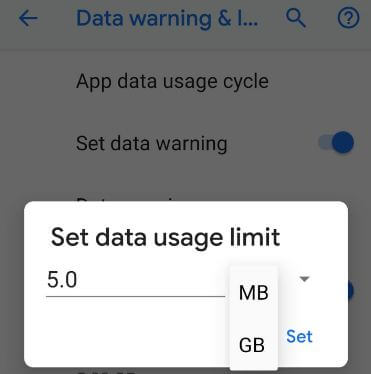 تعيين حد استخدام البيانات لهاتف android 9 Pie