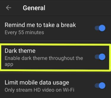 قم بتمكين الوضع المظلم في YouTube على هاتف android