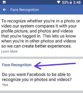 تمكين التعرف على الوجوه Facebook في هاتف android