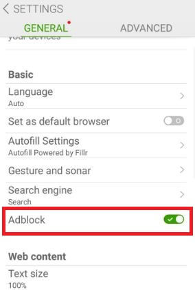 قم بتمكين adblock على متصفح Dolphin في هاتف android